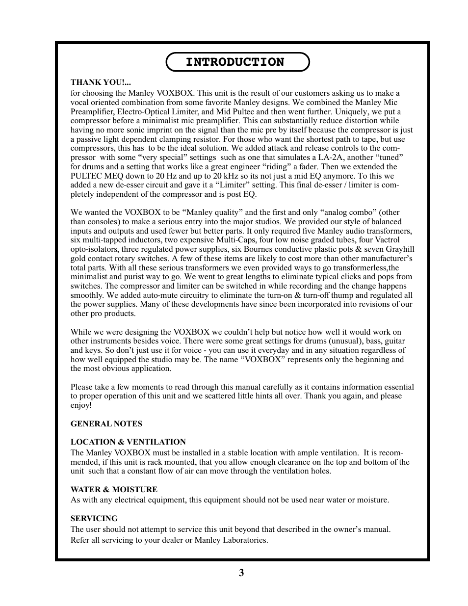 Introduction | Manley VOXBOX - MVBXA 4/2003 User Manual | Page 3 / 26