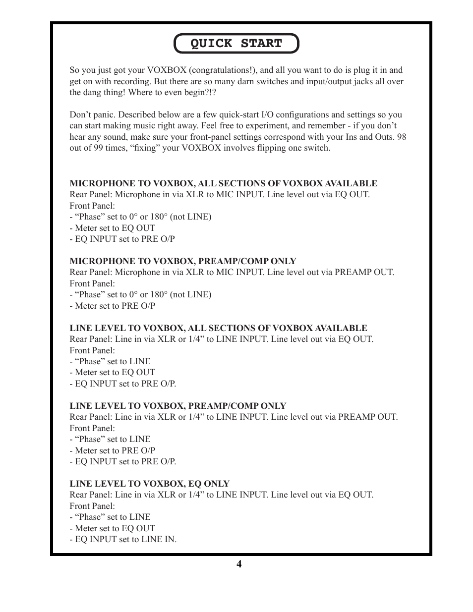 Quick start | Manley VOXBOX - MVBXA 4/2003 User Manual | Page 4 / 26