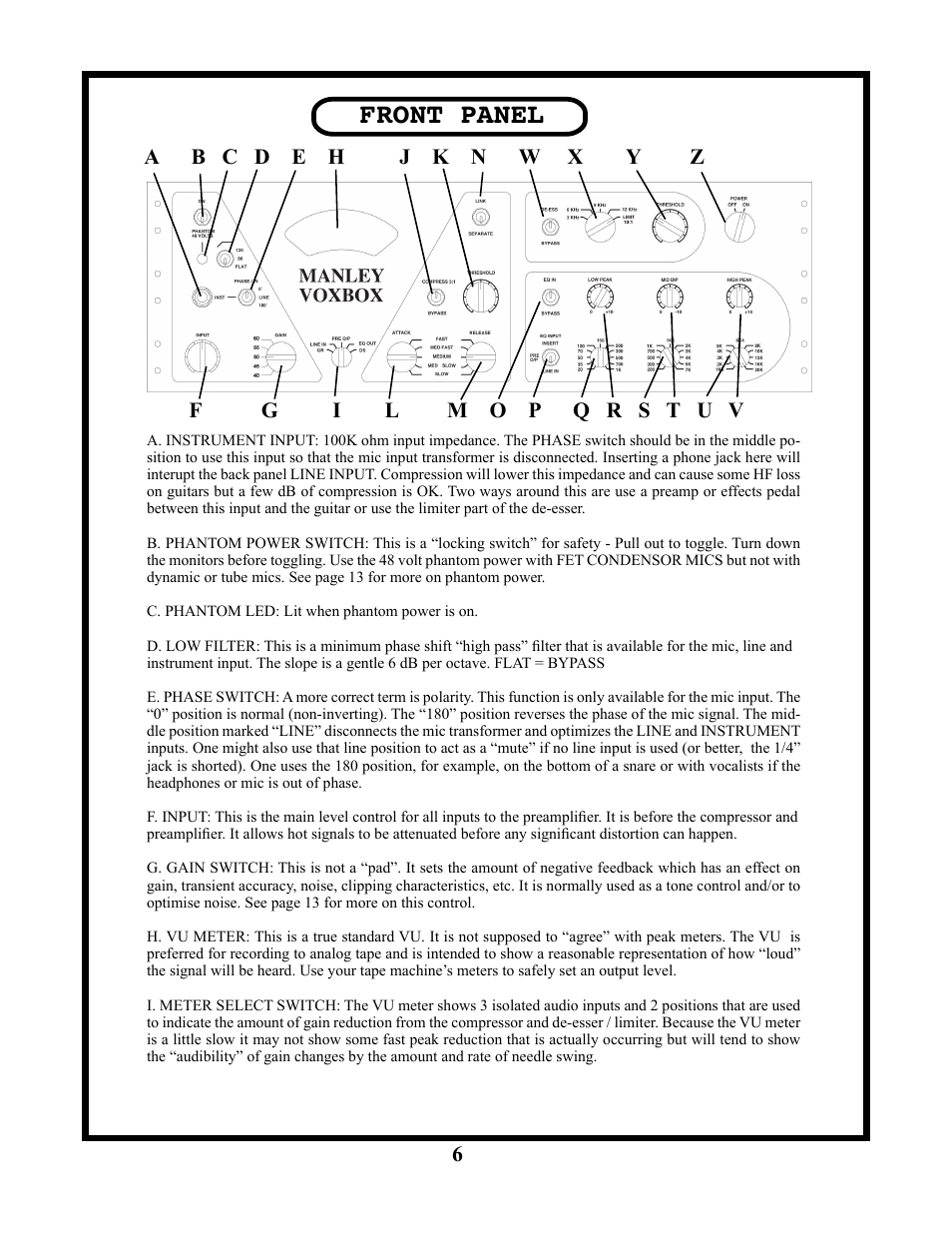 Front panel | Manley VOXBOX - MVBXA 4/2003 User Manual | Page 6 / 26
