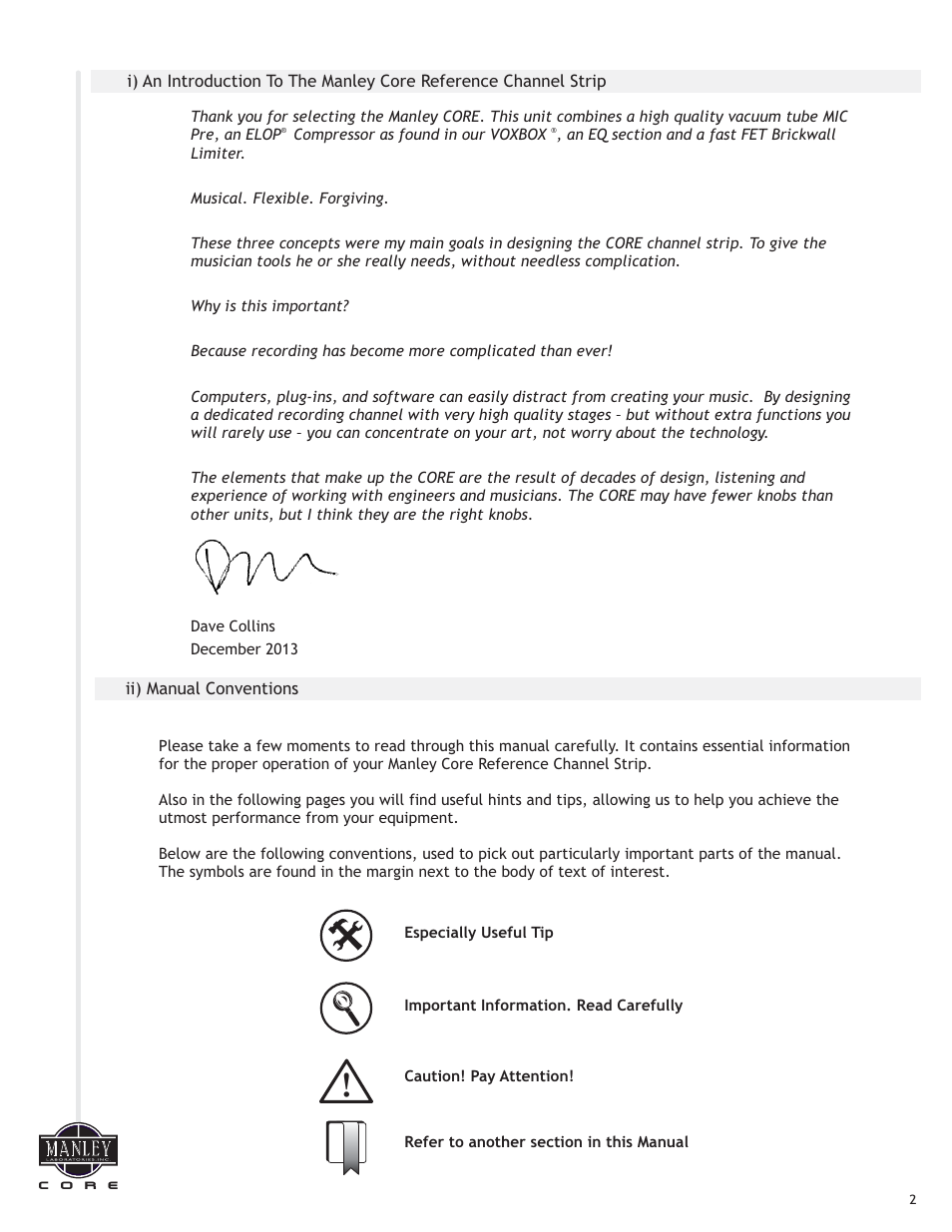 Manley СORE REFERENCE CHANNEL STRIP - MCORE001-025 4/2014 - 5/2014 User Manual | Page 3 / 15