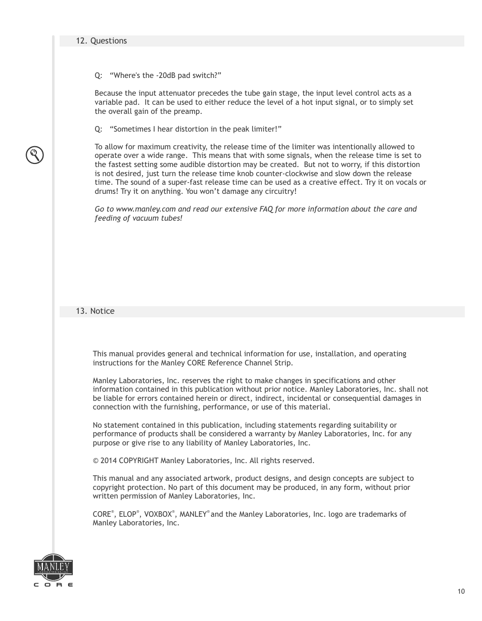 Manley СORE REFERENCE CHANNEL STRIP - MCORE026 and up 7/2014 User Manual | Page 11 / 16