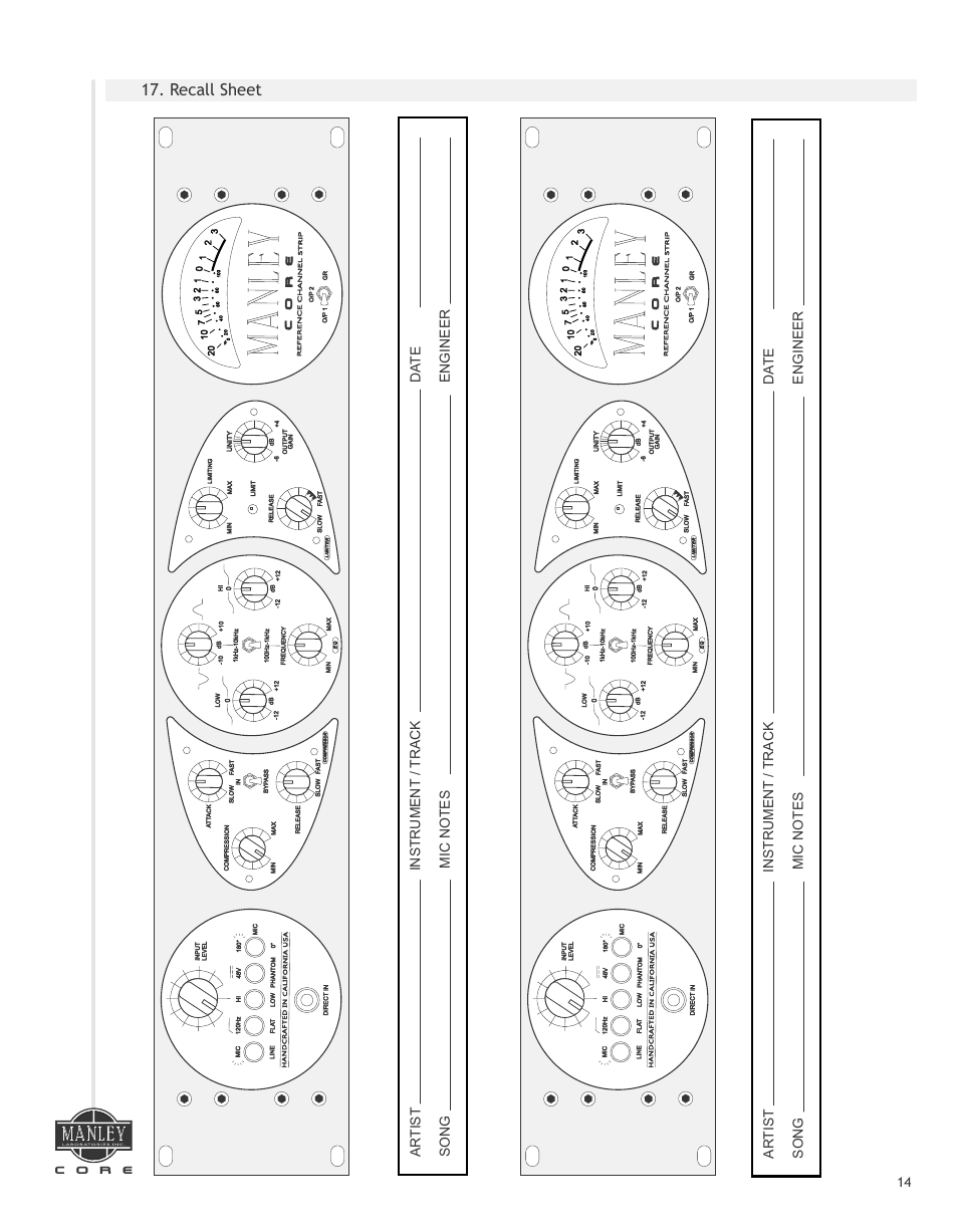 Recall sheet, Co r e | Manley СORE REFERENCE CHANNEL STRIP - MCORE026 and up 7/2014 User Manual | Page 15 / 16