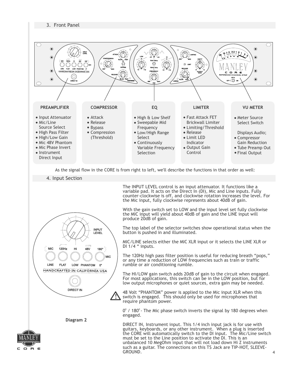 Front panel, Diagram 2 | Manley СORE REFERENCE CHANNEL STRIP - MCORE026 and up 7/2014 User Manual | Page 5 / 16