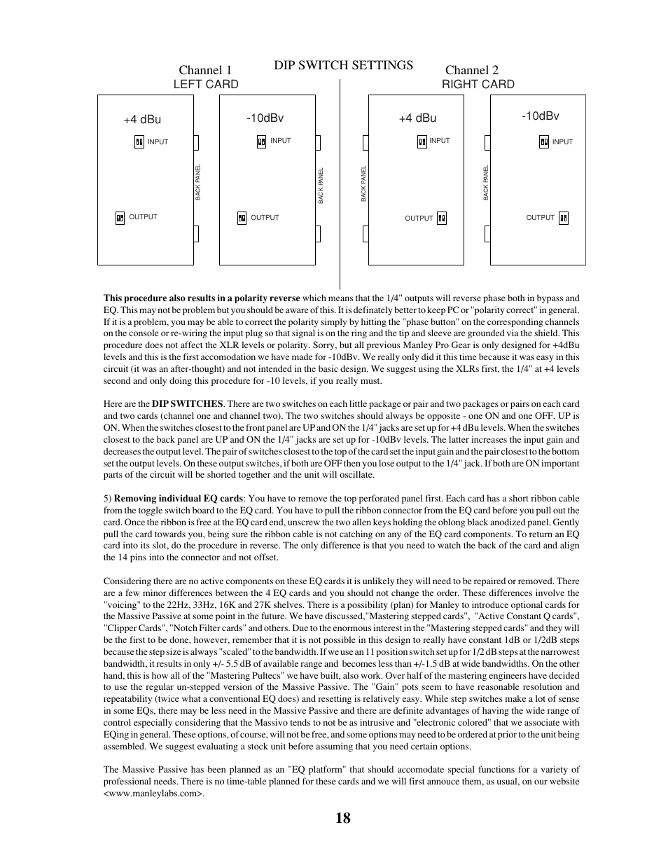 Dip switch settings channel 1 channel 2, Left card +4 dbu -10dbv, Right card +4 dbu -10dbv | Manley MASSIVE PASSIVE STEREO TUBE EQ - MSMP 1998 - 2/2004 User Manual | Page 18 / 33