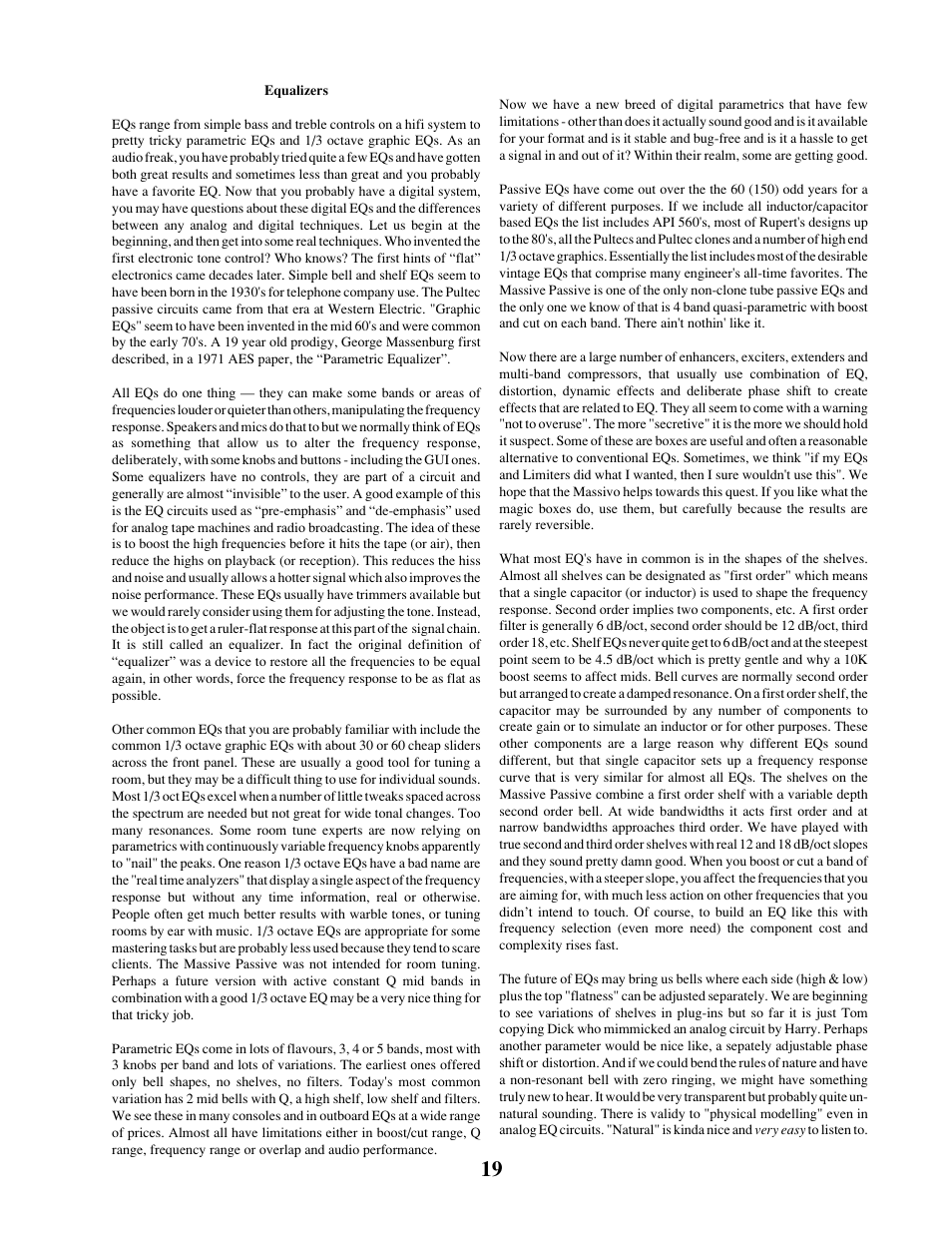 Manley MASSIVE PASSIVE STEREO TUBE EQ - MSMP 1998 - 2/2004 User Manual | Page 19 / 33
