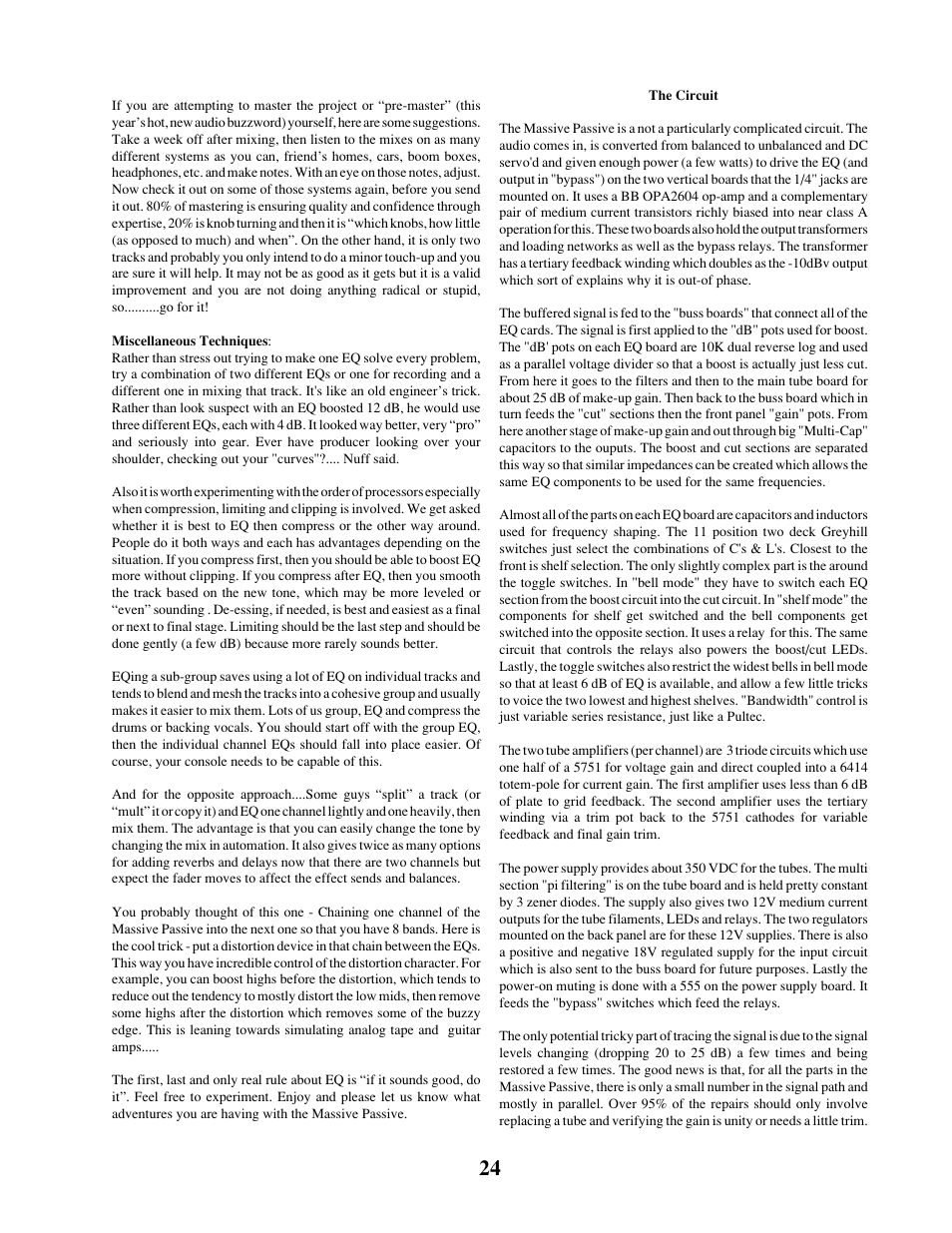 Manley MASSIVE PASSIVE STEREO TUBE EQ - MSMP 1998 - 2/2004 User Manual | Page 24 / 33
