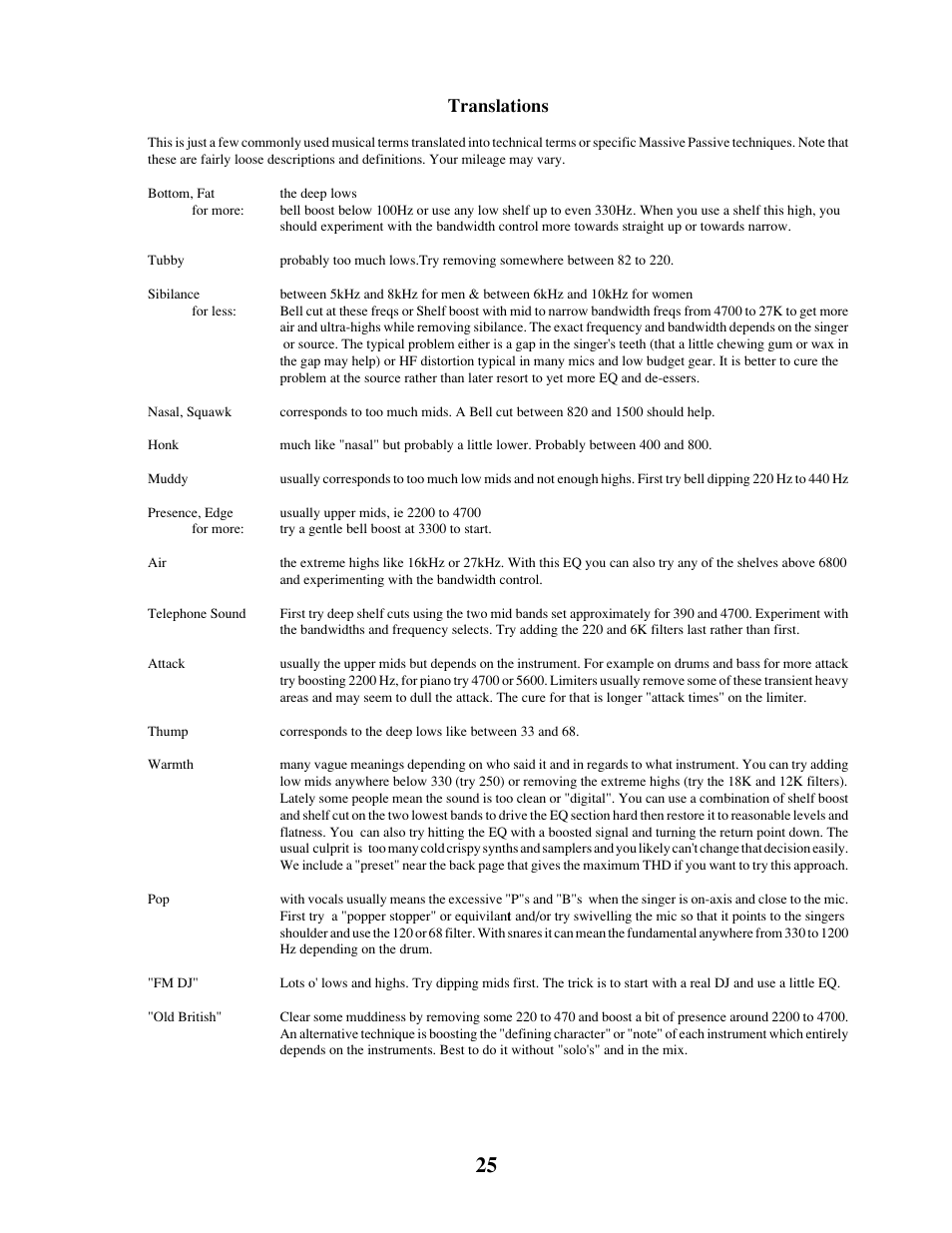 Translations | Manley MASSIVE PASSIVE STEREO TUBE EQ - MSMP 1998 - 2/2004 User Manual | Page 25 / 33