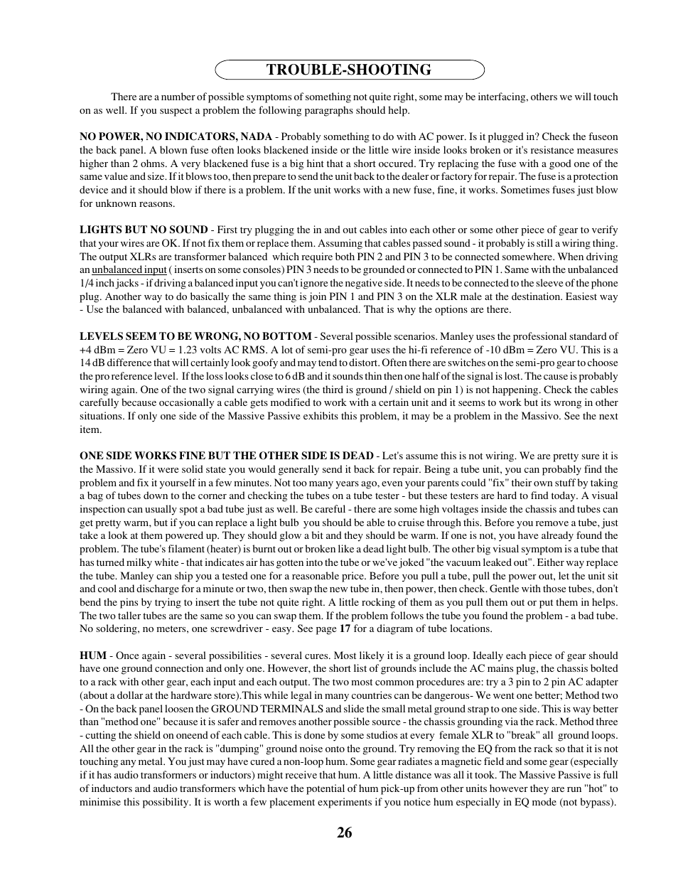 Trouble-shooting 26 | Manley MASSIVE PASSIVE STEREO TUBE EQ - MSMP 1998 - 2/2004 User Manual | Page 26 / 33