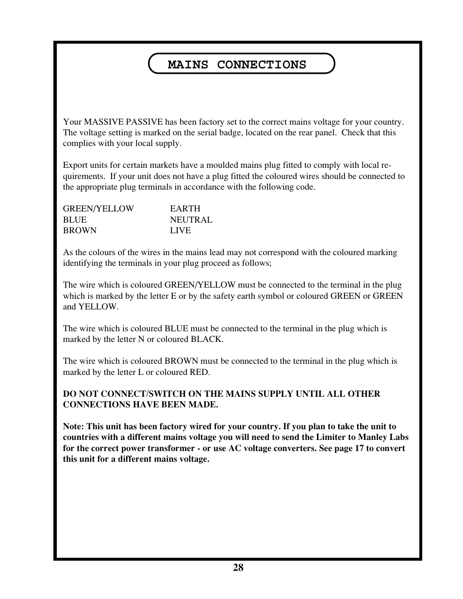 Mains connections | Manley MASSIVE PASSIVE STEREO TUBE EQ - MSMP 1998 - 2/2004 User Manual | Page 28 / 33