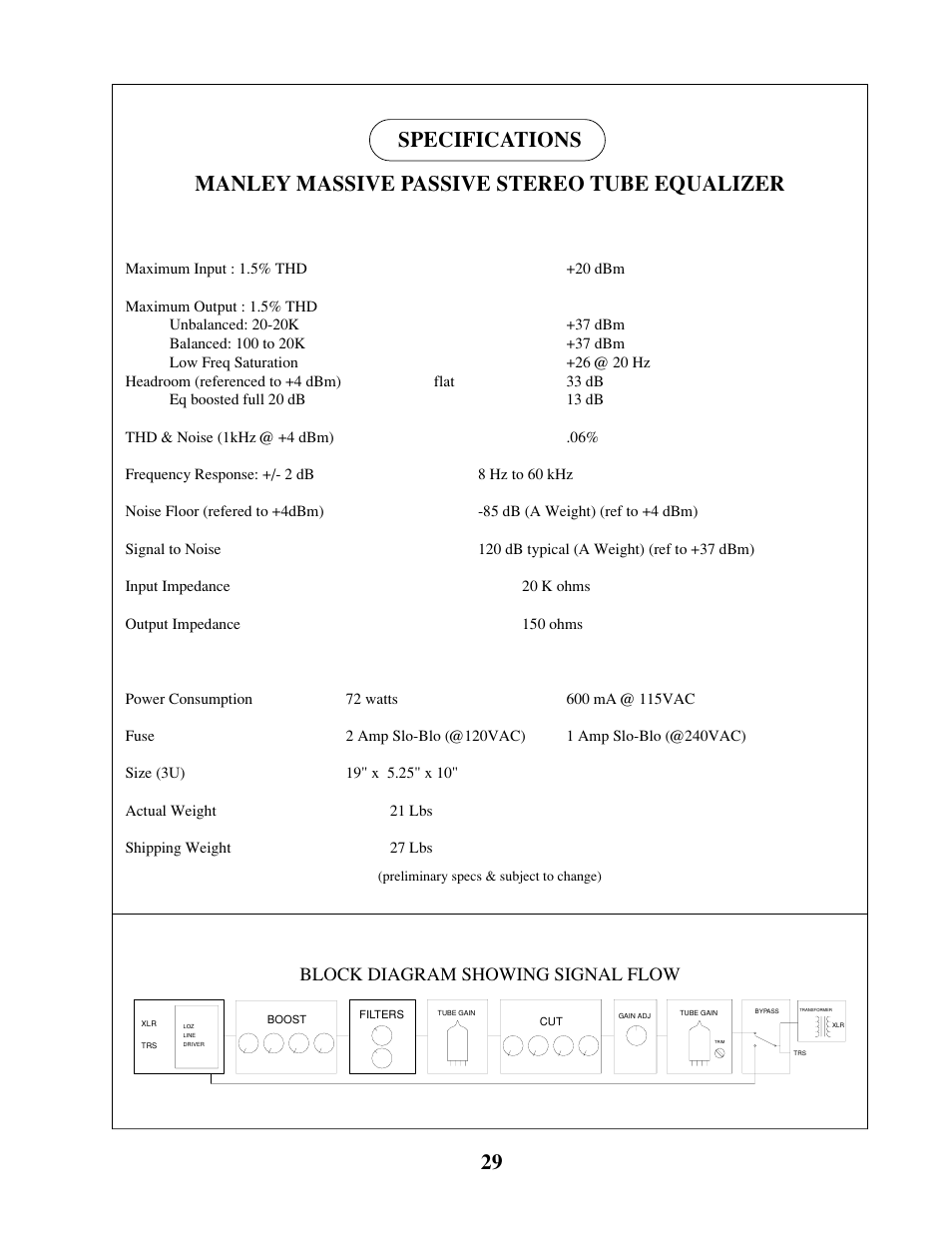 29 specifications, Manley massive passive stereo tube equalizer, Block diagram showing signal flow | Manley MASSIVE PASSIVE STEREO TUBE EQ - MSMP 1998 - 2/2004 User Manual | Page 29 / 33