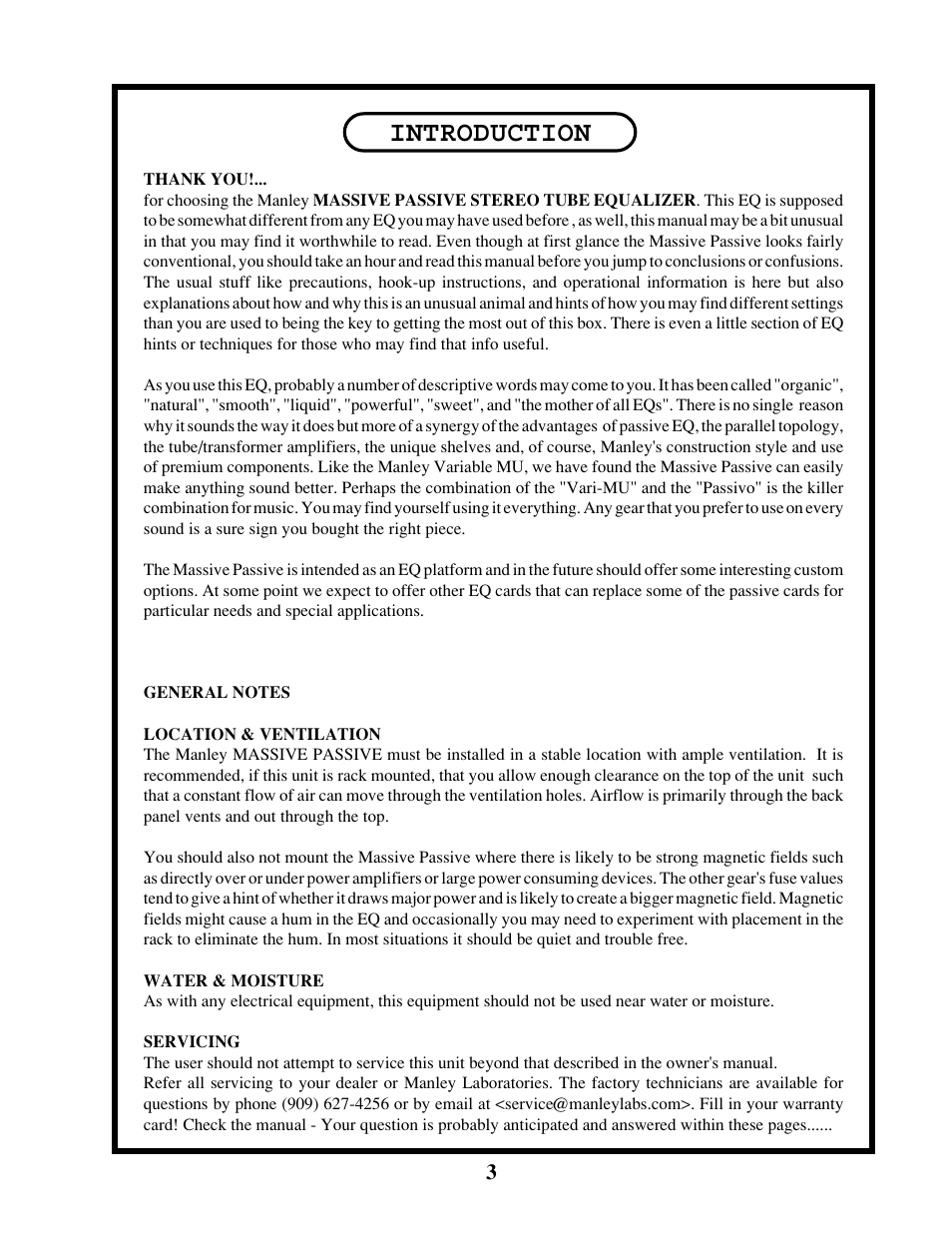 Introduction | Manley MASSIVE PASSIVE STEREO TUBE EQ - MSMP 1998 - 2/2004 User Manual | Page 3 / 33