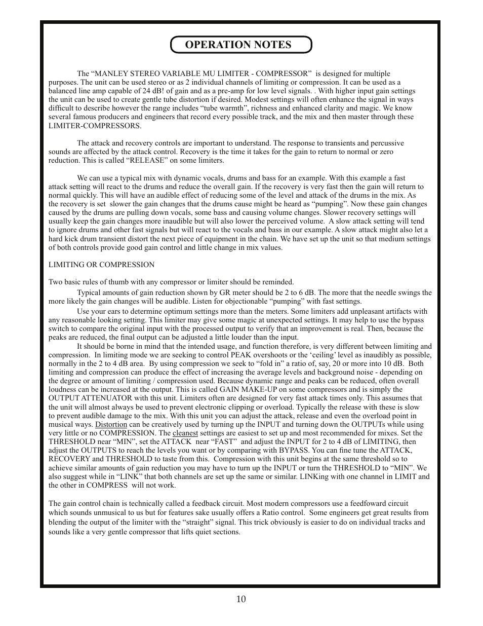 Manley STEREO VARIABLE MU LIMITER / COMPRESSOR - 3/2004 User Manual | Page 10 / 18