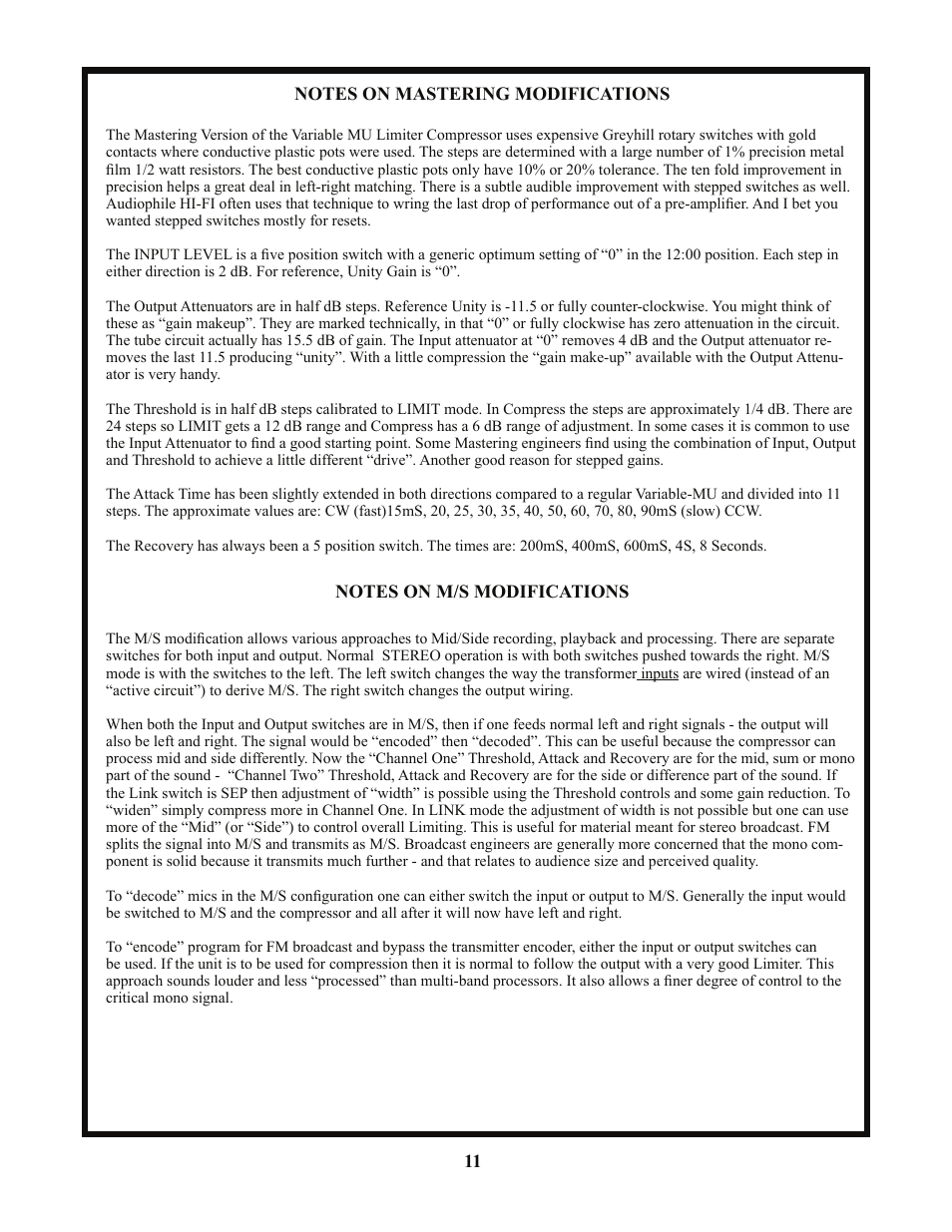 Manley STEREO VARIABLE MU LIMITER / COMPRESSOR - 3/2004 User Manual | Page 11 / 18