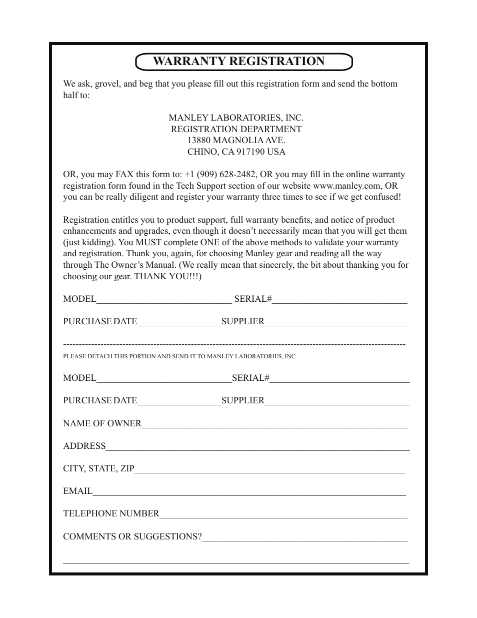 Warranty registration | Manley STEREO VARIABLE MU LIMITER / COMPRESSOR - 3/2004 User Manual | Page 18 / 18