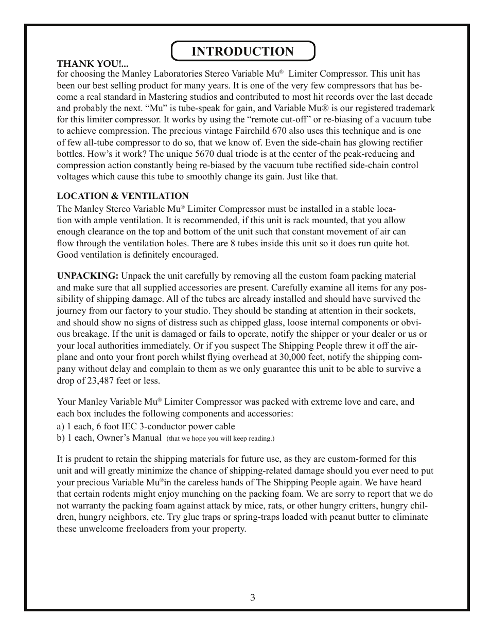 Introduction | Manley STEREO VARIABLE MU LIMITER / COMPRESSOR - 3/2004 User Manual | Page 3 / 18