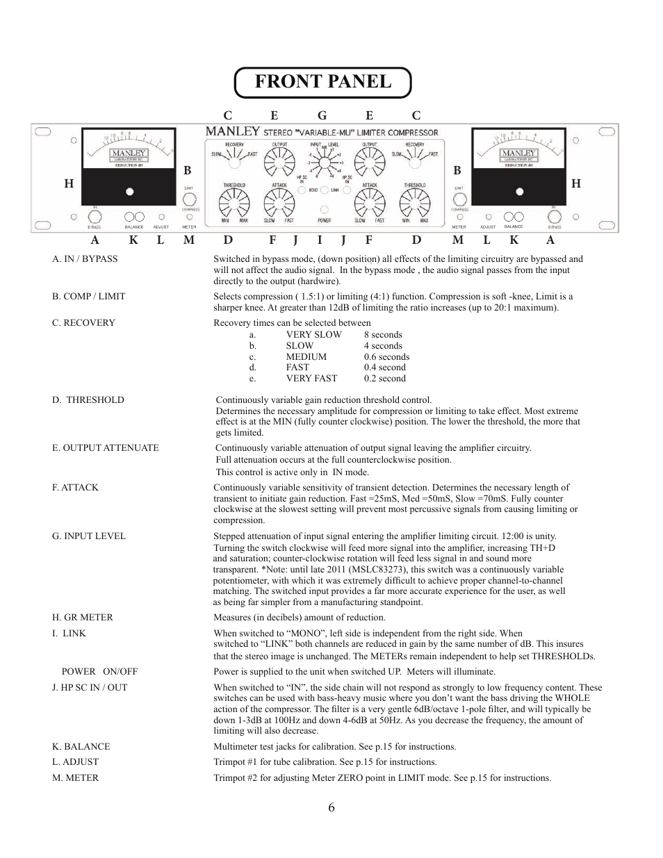 Front panel | Manley STEREO VARIABLE MU LIMITER / COMPRESSOR - 3/2004 User Manual | Page 6 / 18