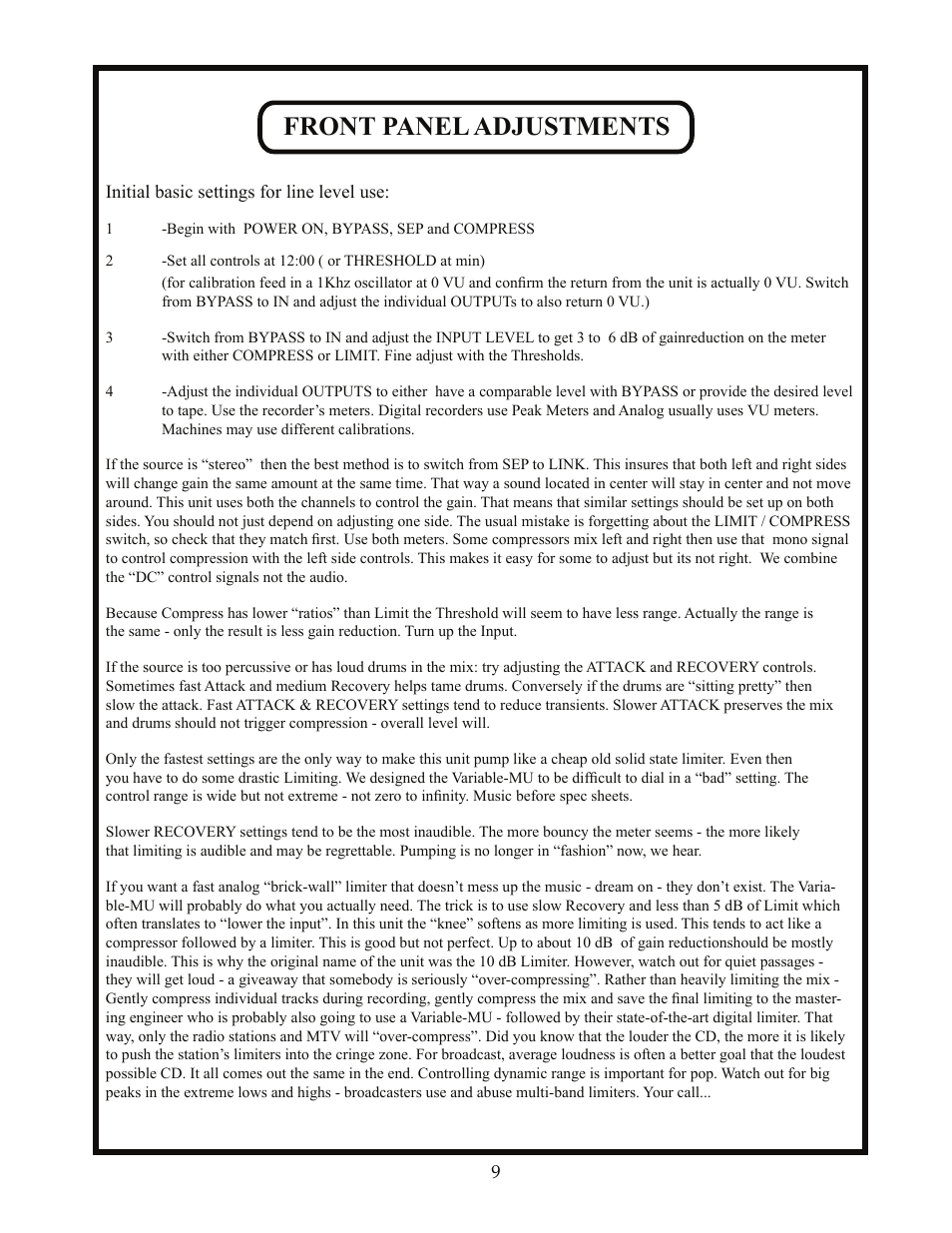 Front panel adjustments | Manley STEREO VARIABLE MU LIMITER / COMPRESSOR - 3/2004 User Manual | Page 9 / 18