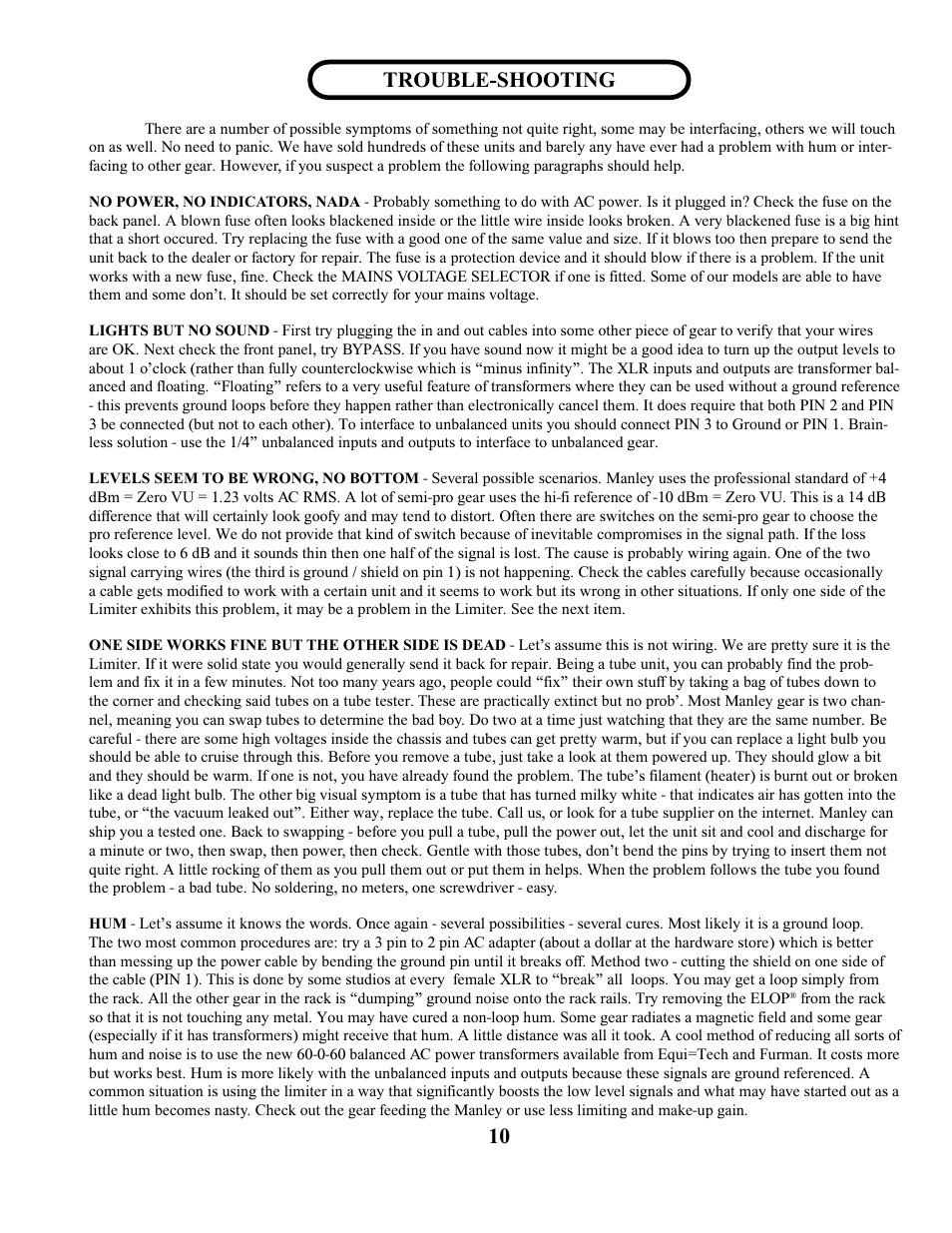 Trouble-shooting | Manley ELOP User Manual | Page 10 / 14