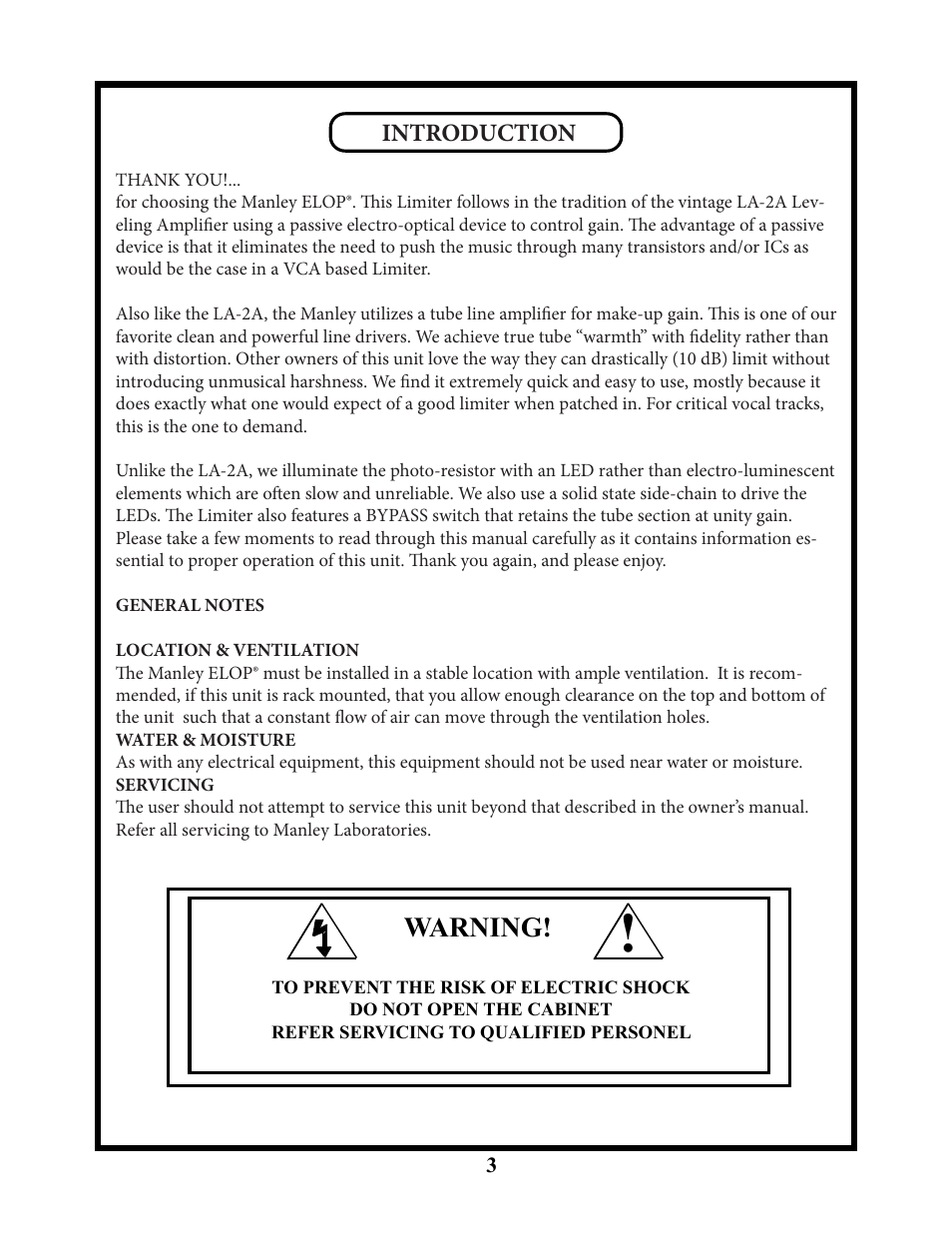 Warning, Introduction | Manley ELOP User Manual | Page 3 / 14