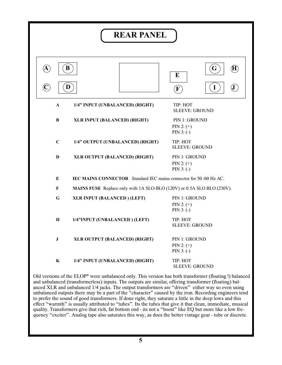 Rear panel, Ac b d | Manley ELOP User Manual | Page 5 / 14