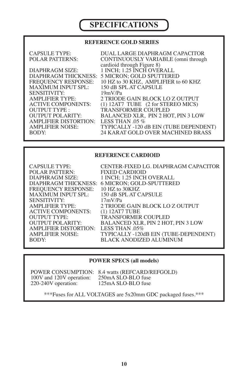 Specifications | Manley REFERENCE MICROPHONES - 2010 - present User Manual | Page 10 / 11