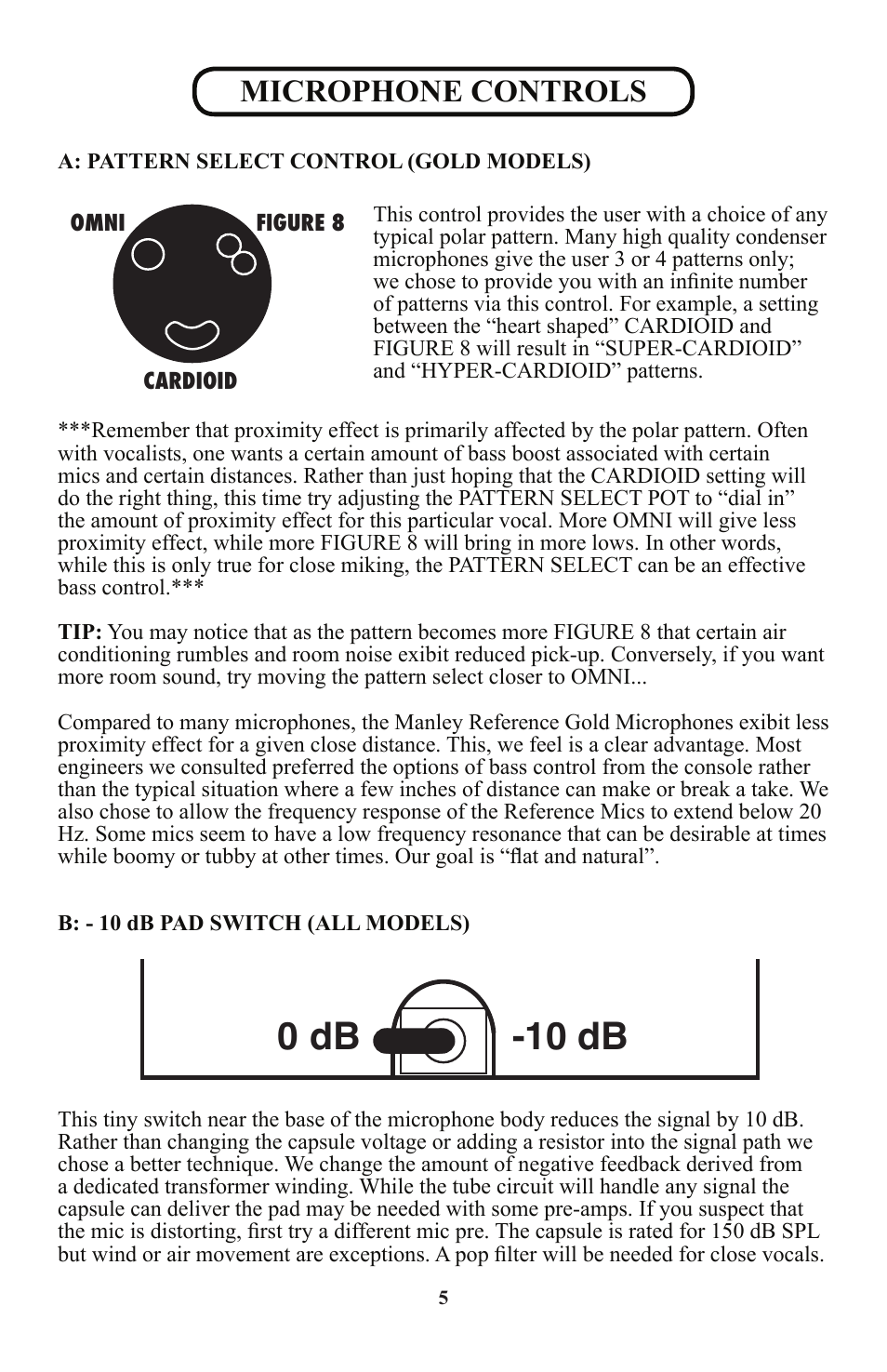 0 db, 10 db, Microphone controls | Manley REFERENCE MICROPHONES - 2010 - present User Manual | Page 5 / 11