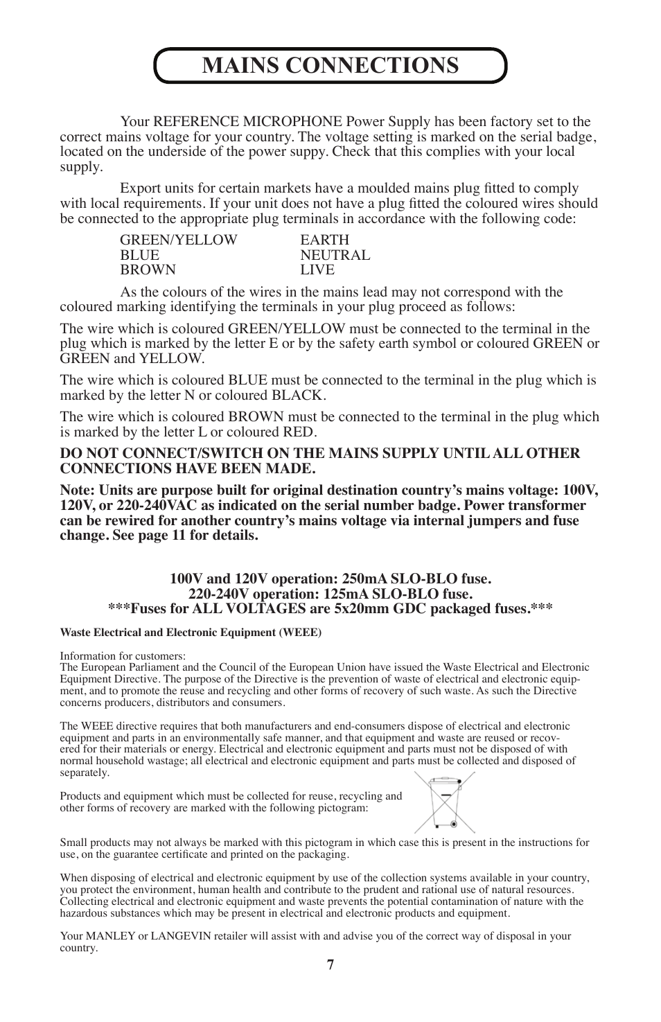 Mains connections | Manley REFERENCE MICROPHONES - 2010 - present User Manual | Page 7 / 11