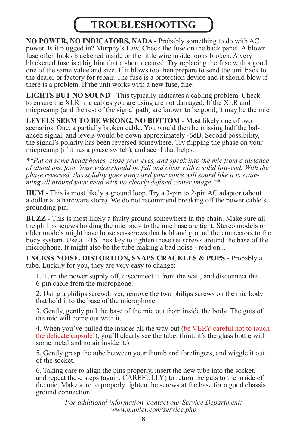 Troubleshooting | Manley REFERENCE MICROPHONES - 2010 - present User Manual | Page 8 / 11