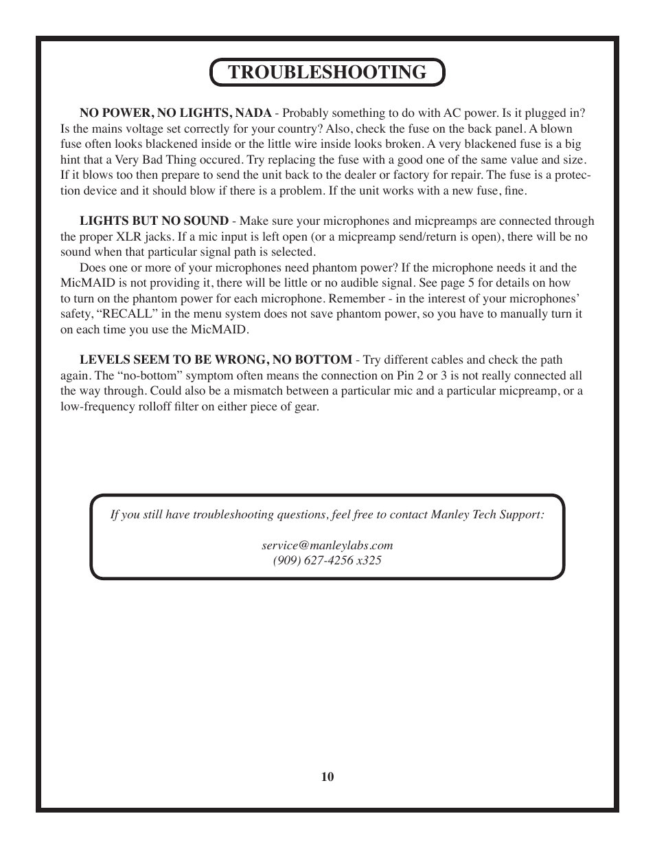 Troubleshooting | Manley MicMAID 4x4 Matrix-Switcher 10/2010 - present User Manual | Page 10 / 12