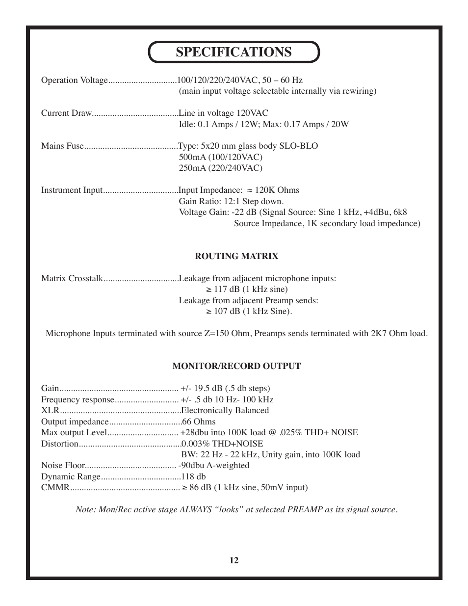 Specifications | Manley MicMAID 4x4 Matrix-Switcher 10/2010 - present User Manual | Page 12 / 12