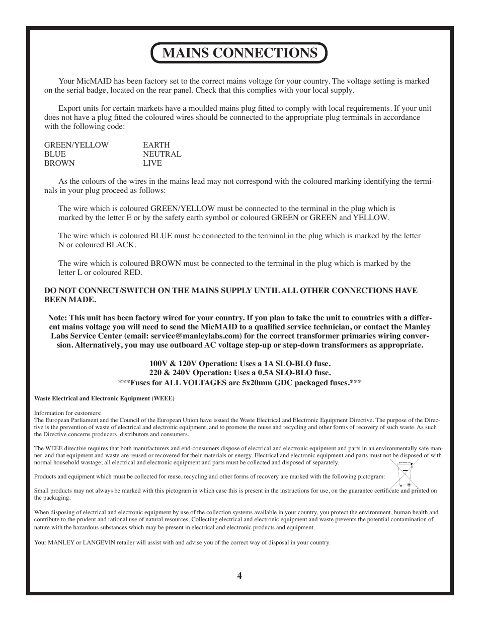 Mains connections | Manley MicMAID 4x4 Matrix-Switcher 10/2010 - present User Manual | Page 4 / 12