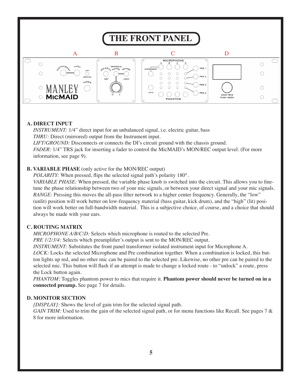 The front panel | Manley MicMAID 4x4 Matrix-Switcher 10/2010 - present User Manual | Page 5 / 12