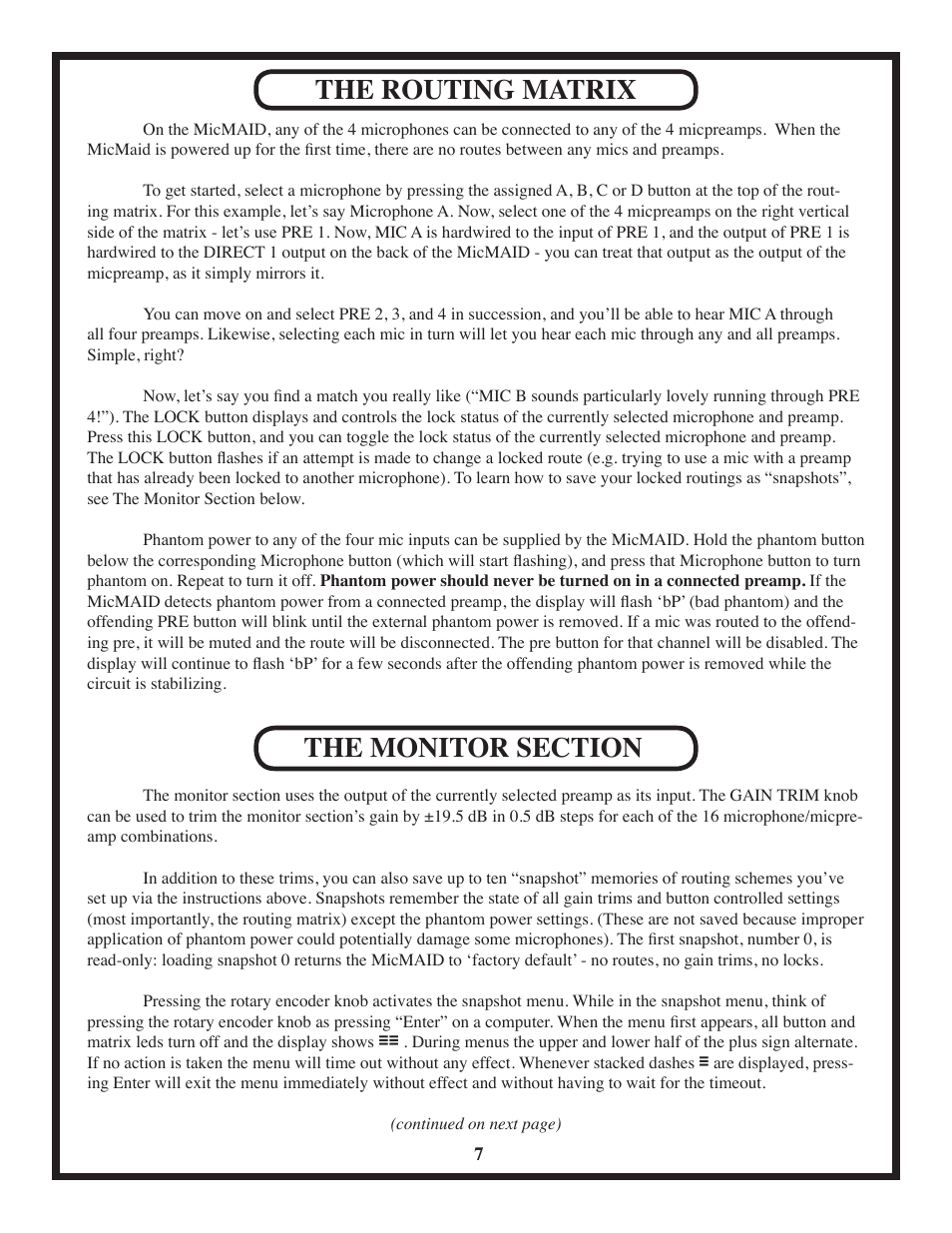 The routing matrix | Manley MicMAID 4x4 Matrix-Switcher 10/2010 - present User Manual | Page 7 / 12