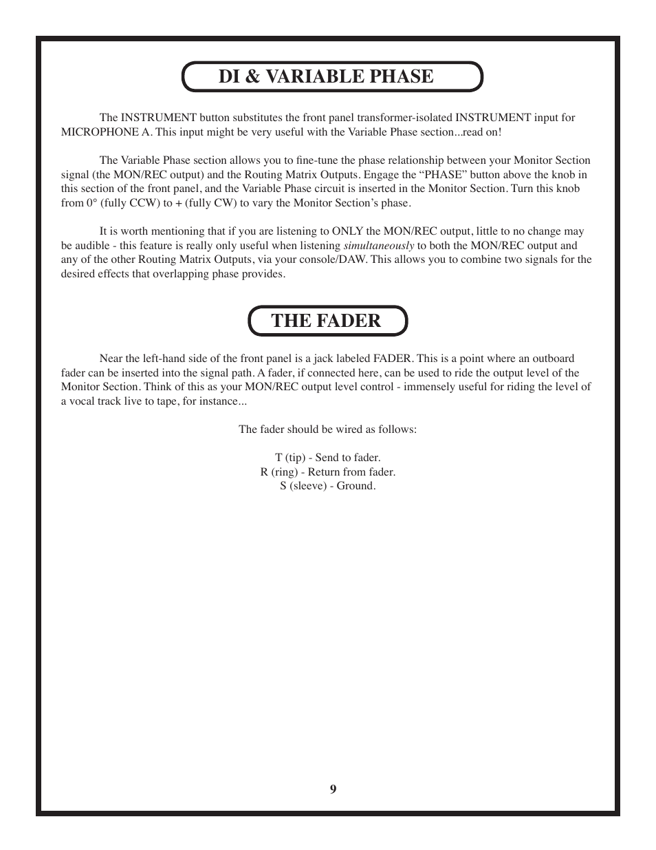 Di & variable phase, The fader | Manley MicMAID 4x4 Matrix-Switcher 10/2010 - present User Manual | Page 9 / 12