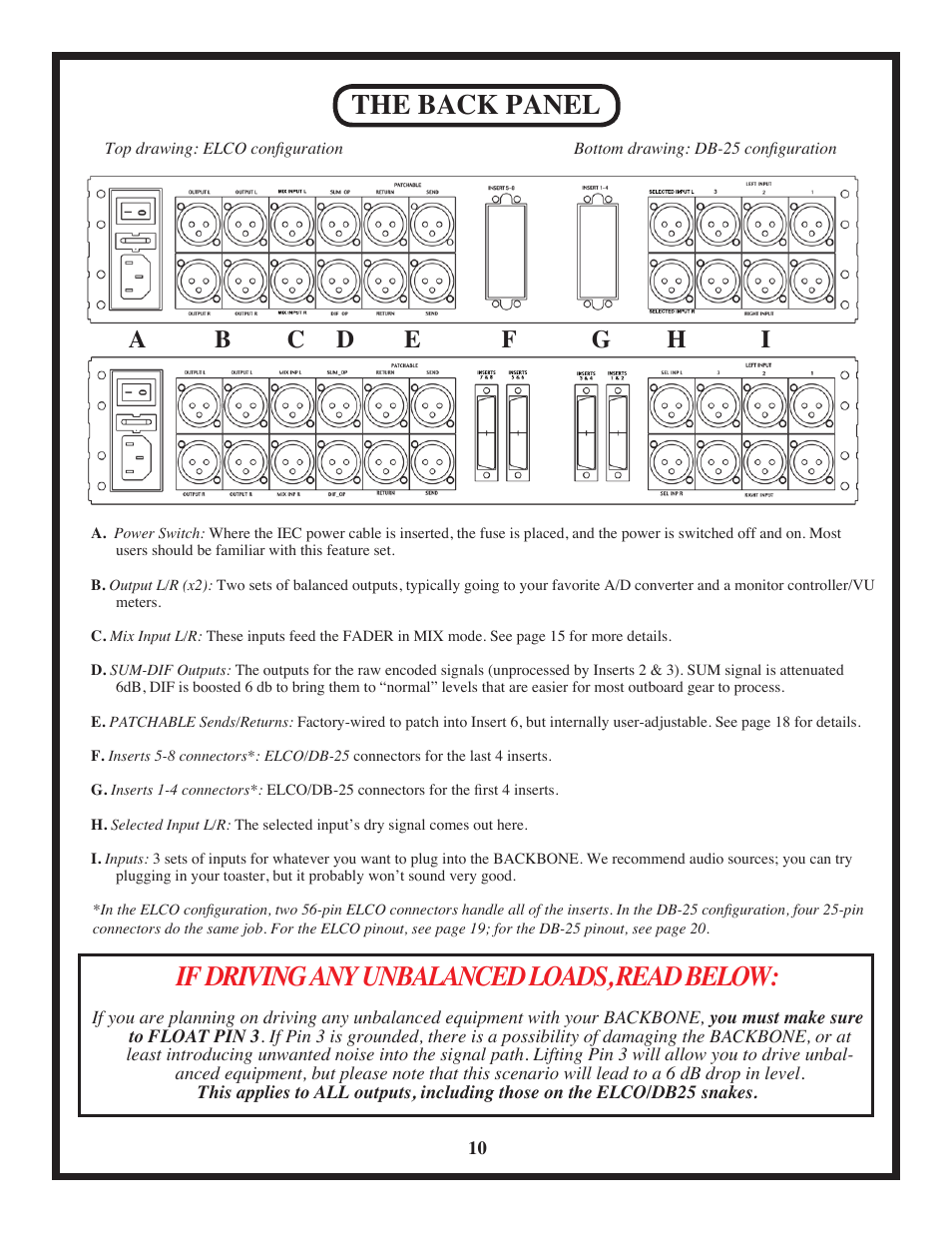 The back panel, If driving any unbalanced loads, read below | Manley BACKBONE Mastering Insert Switcher 2003 - present User Manual | Page 10 / 26