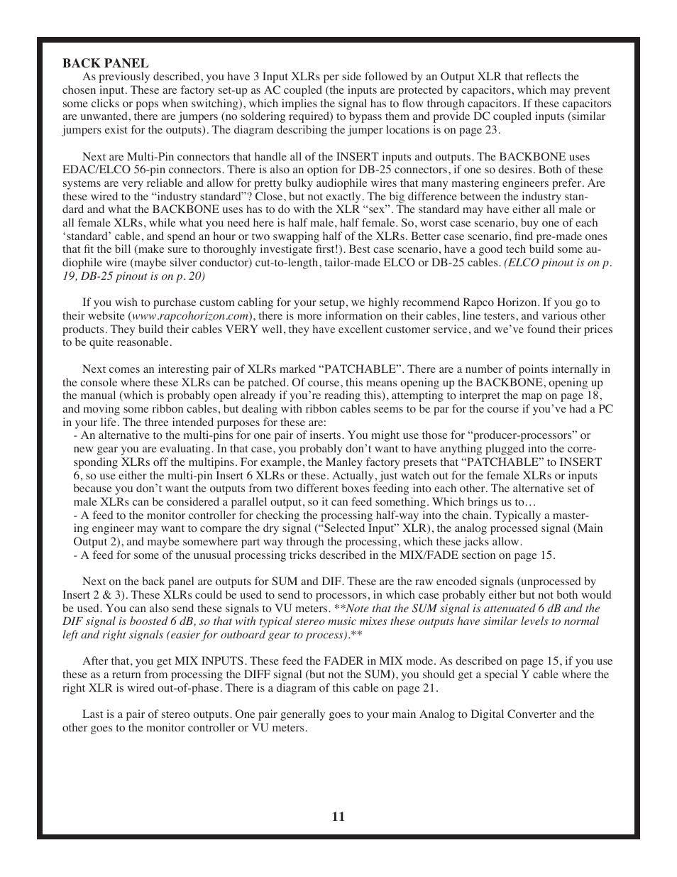 Manley BACKBONE Mastering Insert Switcher 2003 - present User Manual | Page 11 / 26