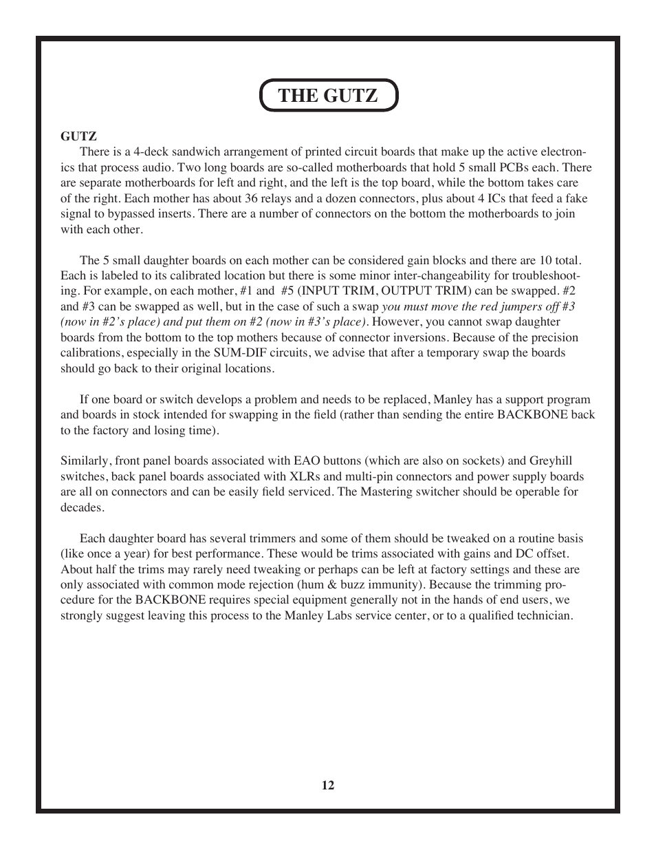 The gutz | Manley BACKBONE Mastering Insert Switcher 2003 - present User Manual | Page 12 / 26