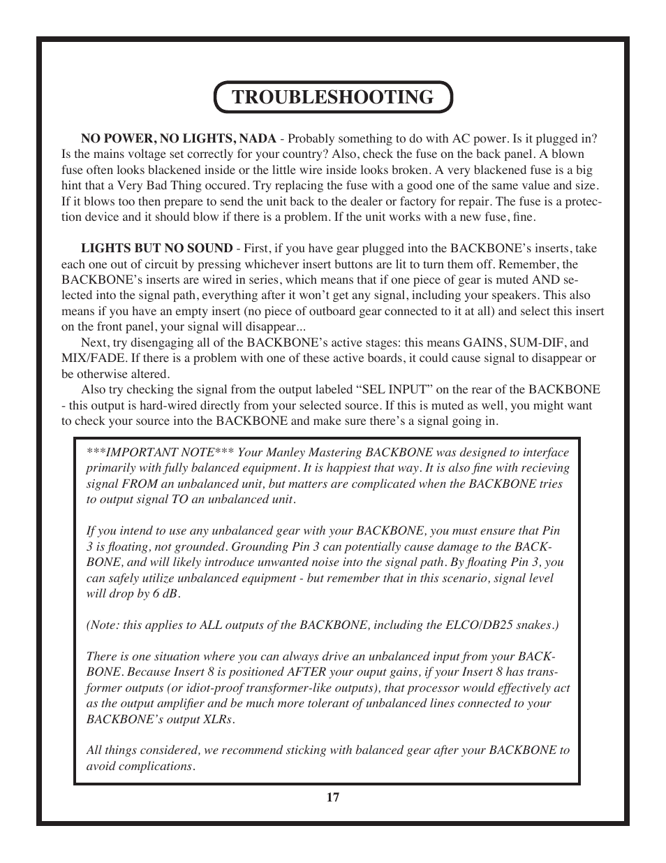 Troubleshooting | Manley BACKBONE Mastering Insert Switcher 2003 - present User Manual | Page 17 / 26