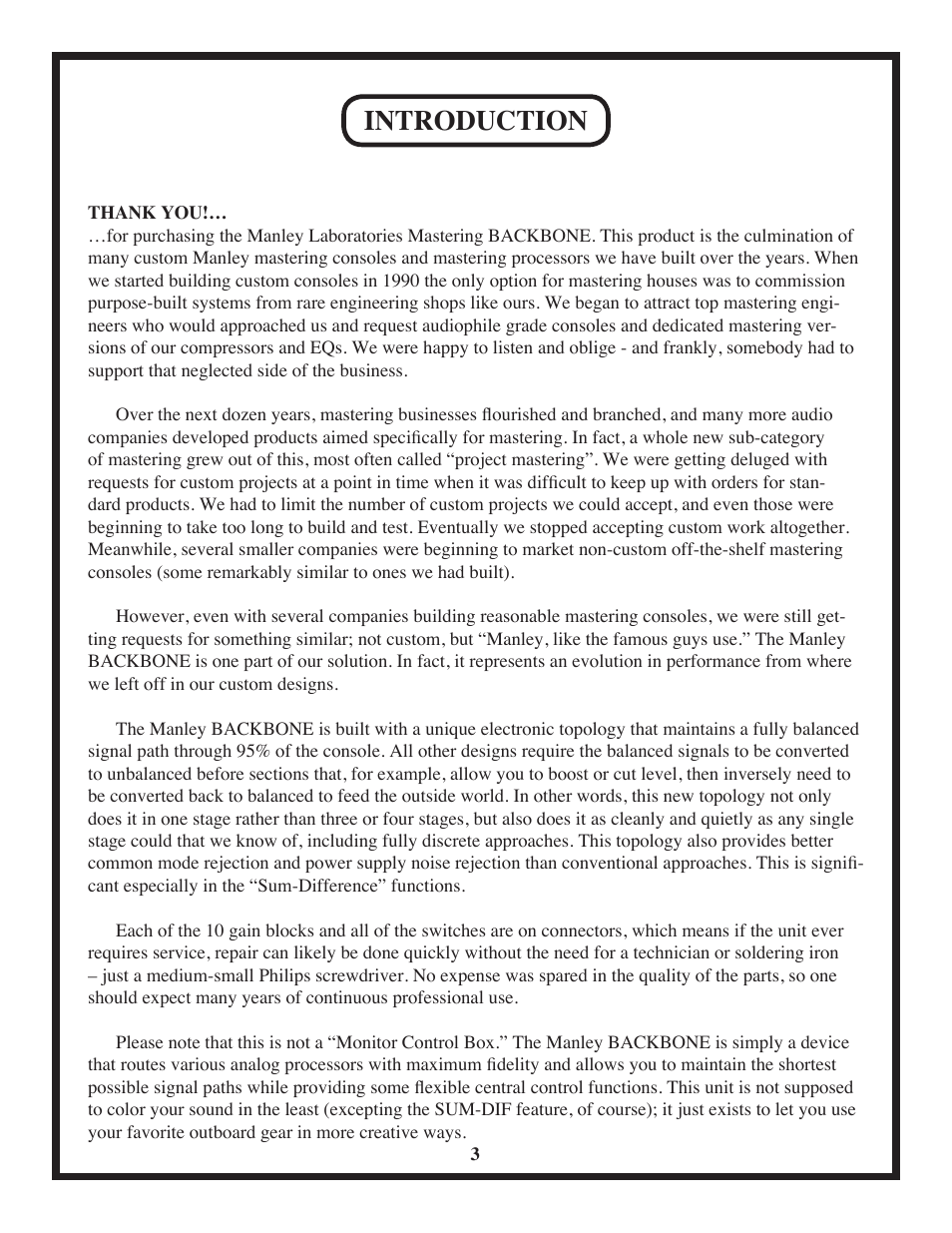 Introduction | Manley BACKBONE Mastering Insert Switcher 2003 - present User Manual | Page 3 / 26