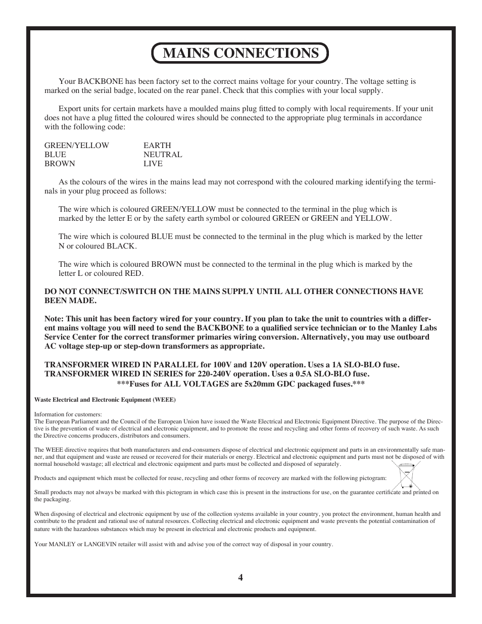 Mains connections | Manley BACKBONE Mastering Insert Switcher 2003 - present User Manual | Page 4 / 26