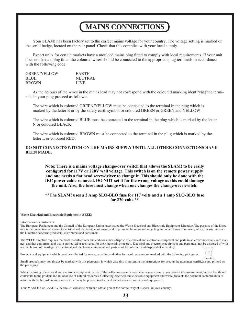 Mains connections | Manley SLAM! User Manual | Page 23 / 29