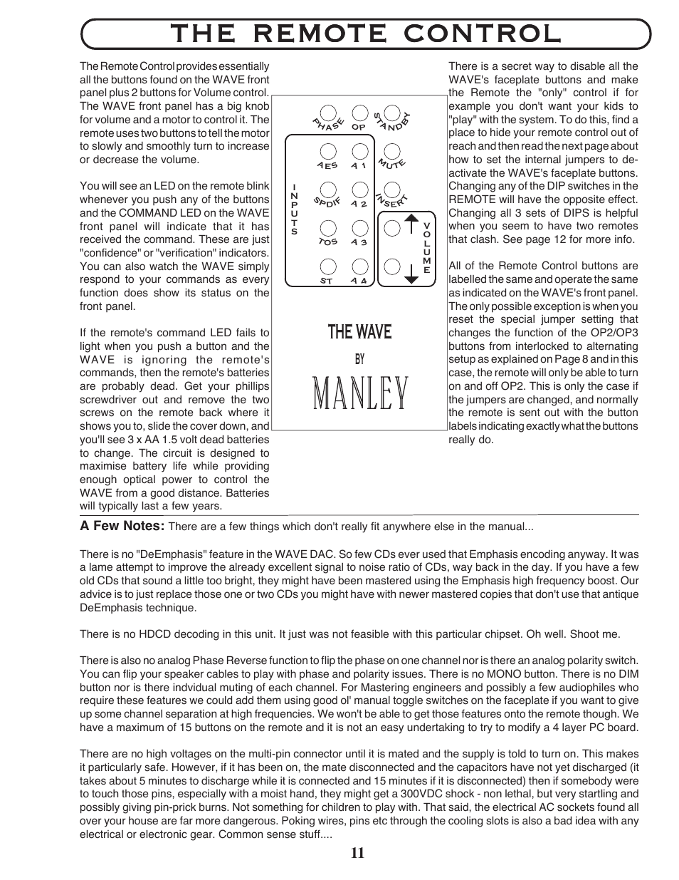 The wave, The remote control | Manley The WAVE DAC/Preamp 24/96 Version Serial Code WAVE016-present 2002 - present User Manual | Page 11 / 22