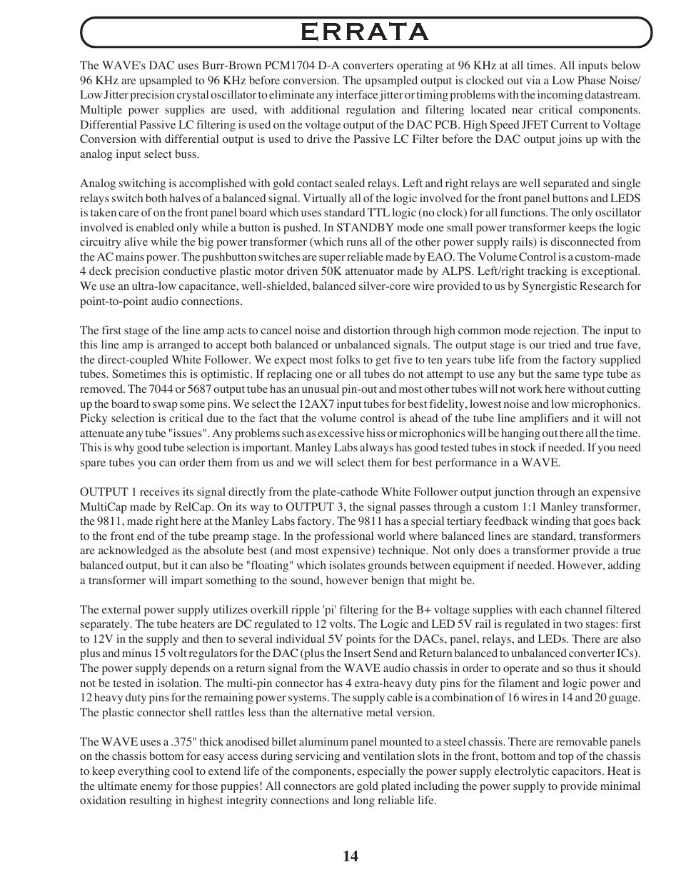 Errata | Manley The WAVE DAC/Preamp 24/96 Version Serial Code WAVE016-present 2002 - present User Manual | Page 14 / 22