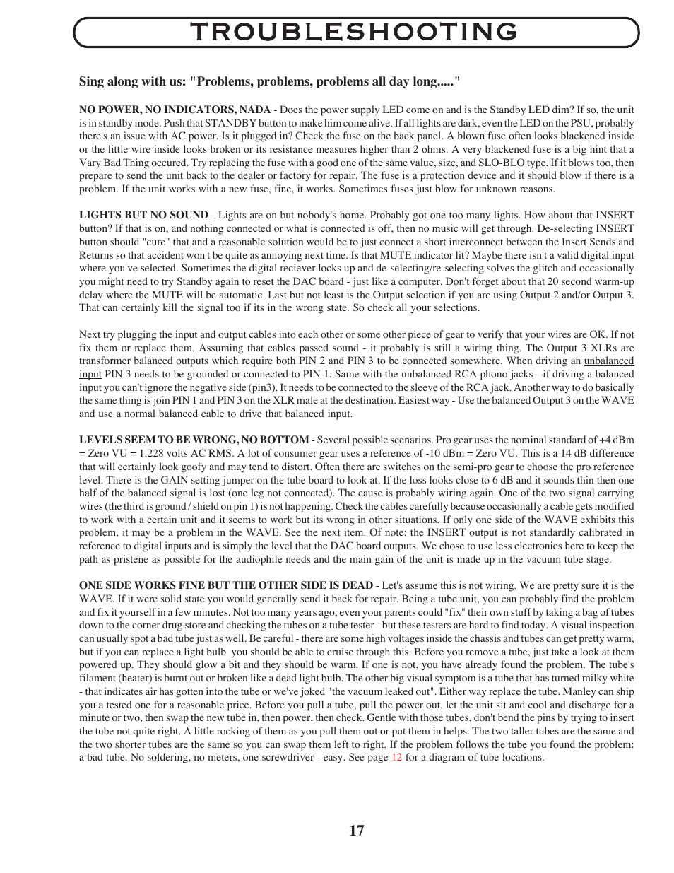 Troubleshooting | Manley The WAVE DAC/Preamp 24/96 Version Serial Code WAVE016-present 2002 - present User Manual | Page 17 / 22