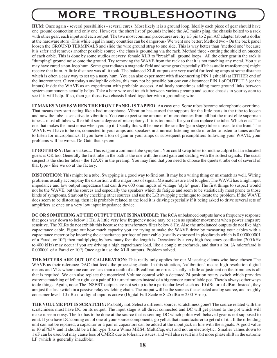 More troubleshooting | Manley The WAVE DAC/Preamp 24/96 Version Serial Code WAVE016-present 2002 - present User Manual | Page 18 / 22