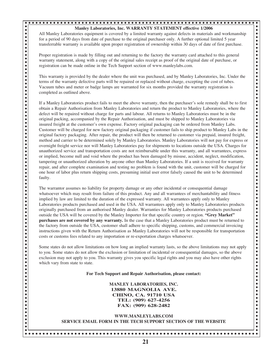 Manley The WAVE DAC/Preamp 24/96 Version Serial Code WAVE016-present 2002 - present User Manual | Page 21 / 22