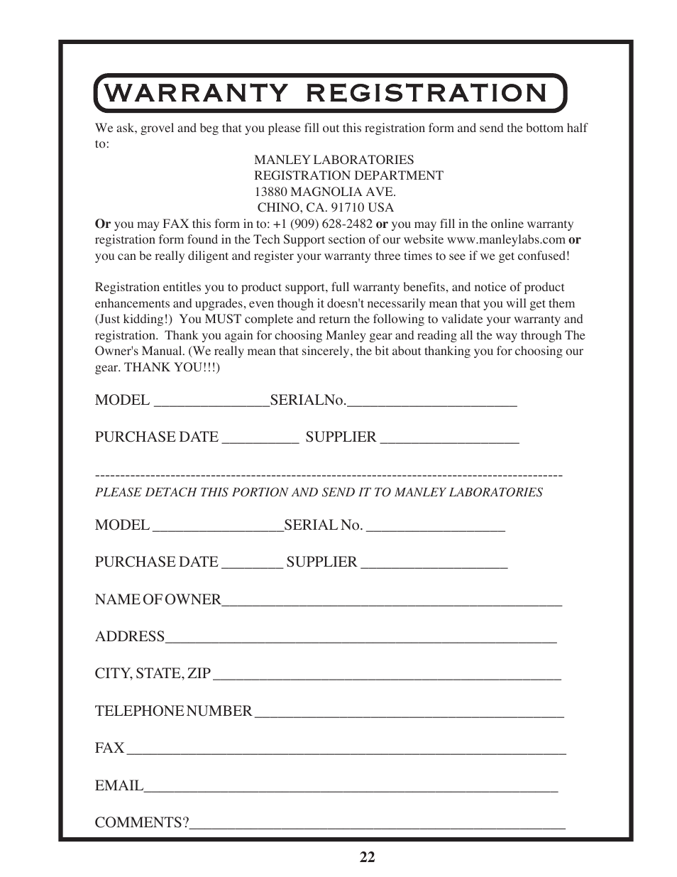 Warranty registration | Manley The WAVE DAC/Preamp 24/96 Version Serial Code WAVE016-present 2002 - present User Manual | Page 22 / 22