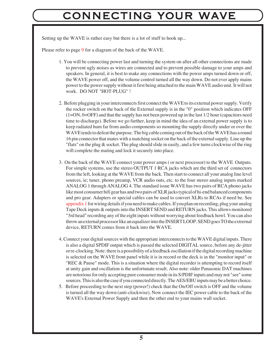 Connecting your wave | Manley The WAVE DAC/Preamp 24/96 Version Serial Code WAVE016-present 2002 - present User Manual | Page 5 / 22