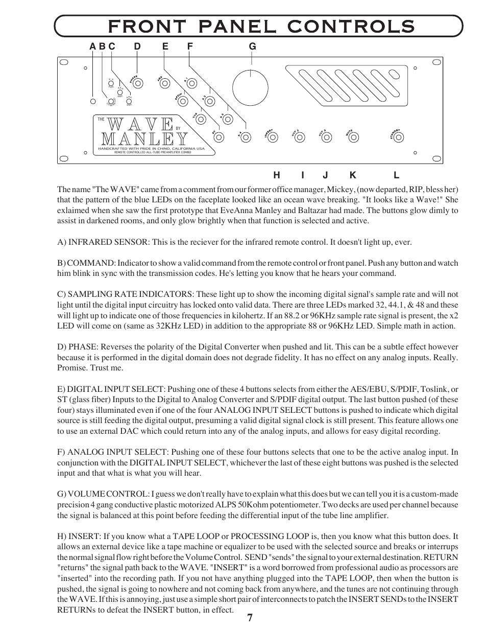 W a v e, Front panel controls | Manley The WAVE DAC/Preamp 24/96 Version Serial Code WAVE016-present 2002 - present User Manual | Page 7 / 22