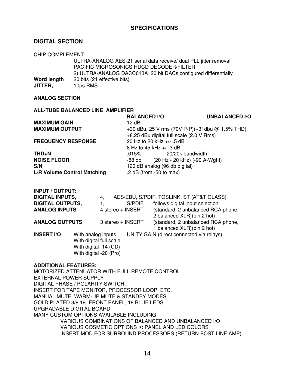 Manley The WAVE DAC/Preamp 20 Bit Version Serial Code WAVE000-015 1999 - 2002 User Manual | Page 14 / 20